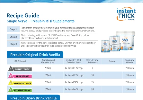 Recipe Guides for powder thickener, instant THICK, showing how to thicken Fresenius Kabi Supplements - Fresubin Original, Fresubin Diben, Fresubin Energy, Fresubin Energy Fibre, Fresubin 2kcal, Fresubin 2kcal Fibre, Fresubin Plant-Based