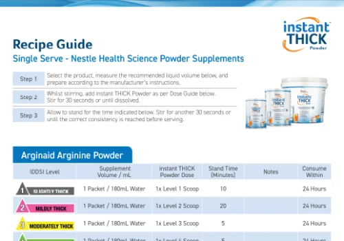 Recipe Guides for powder thickener, instant THICK, showing how to thicken Nestle Health Science Supplements - Sustagen High Protein Drink,Arginaid Arginine Powder